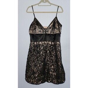 Sue Wong Nocturne Black Champagne Beaded Dress Size 12 Lace Bubble Skirt V Neck